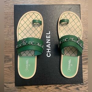Chanel Green Calfskin Flat Sandals